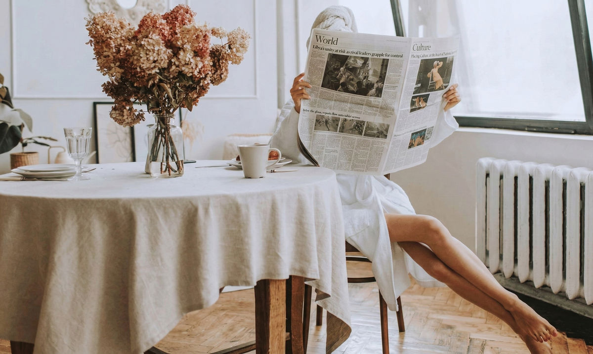 Bornozla kahvaltı masasında oturup gazete okuyan kadın.