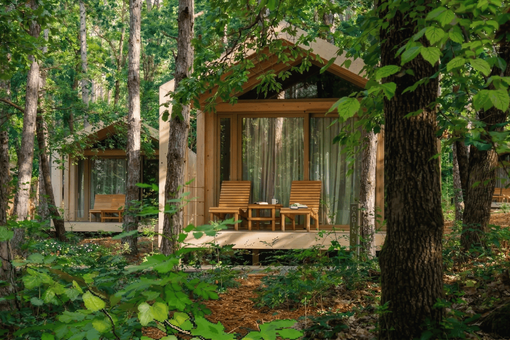 Sakin bir orman manzarası içinde, verandası olan modern ahşap kamp evleri."