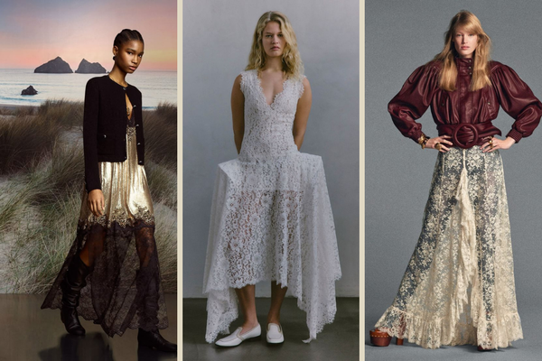 Three women in lace dresses posing for a contemporary fashion editorial shoot