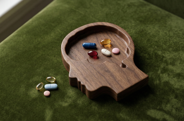 Akıl sağlığı ve bilişsel takviyeyi simgeleyen, yeşil kadife zemin üzerinde duran beyin şeklinde ahşap kase içinde renkli ilaçlar.