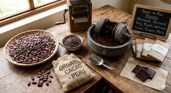 An artisanal chocolate-making display on a rustic wooden table